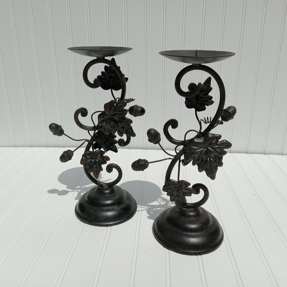 Metal Bronze Acorn Grape Leaf Candlestick Pair Pillar Candle Holder Thanksgiving - Picture 4 of 16